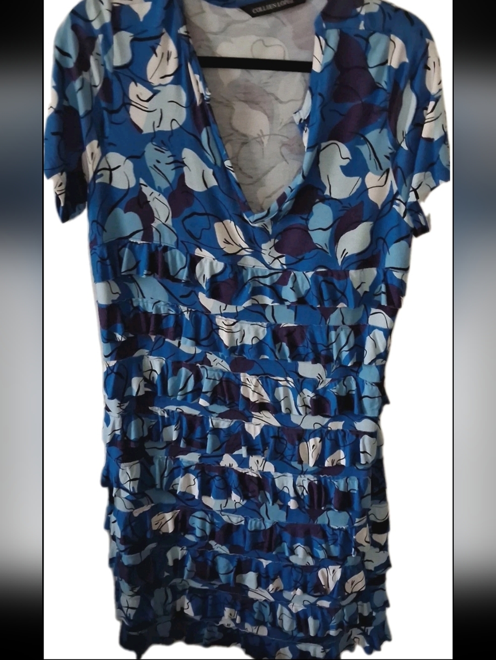 Colleen Lopez -  Women's Short Sleeve Tiered Ruffle Blue/White Large Dress. GUC